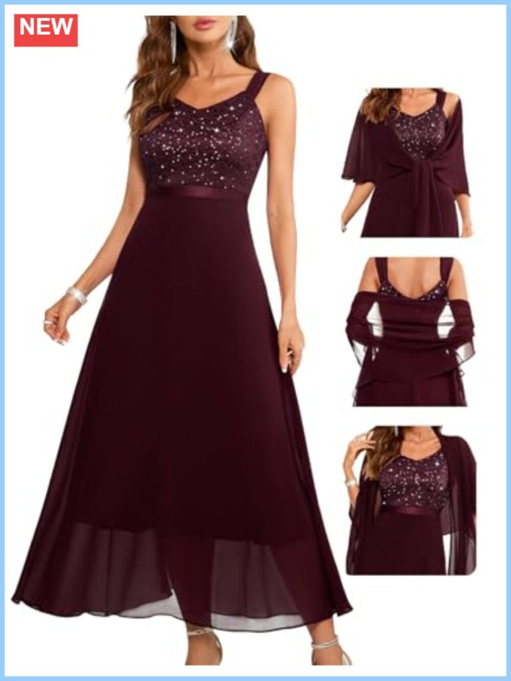 BeryLove Lace Sequin Formal Wedding Guest Dress with Chiffon Shawl Sleeveless